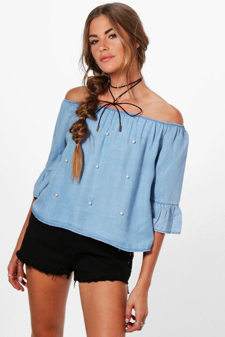 Boohoo Janice Pearl Off The Shoulder Denim Top Denim