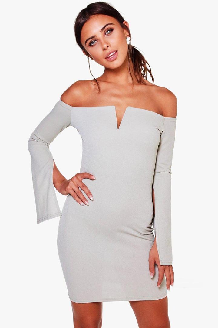 Boohoo Petite Esme Off The Shoulder Split Sleeve Dress Sage