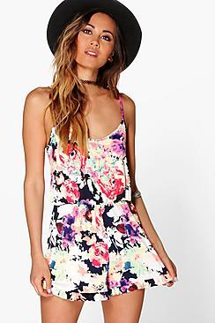 Boohoo Sophie Multi Floral Ruffle Hem Playsuit