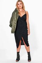 Boohoo Plus Leah Ribbed Wrap Dress Black