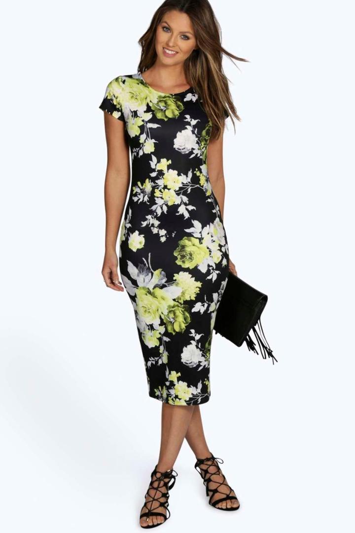 Boohoo Savarine Floral Midi Bodycon Dress Multi