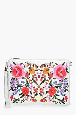 Boohoo Lisa All Over Embroidered Denim Clutch