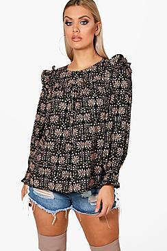 Boohoo Plus Helena Floral Ruffle Shoulder Woven Top