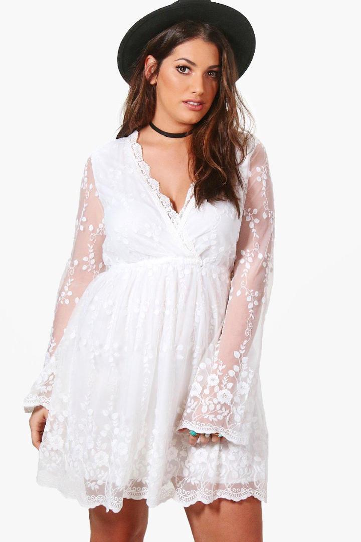 Boohoo Plus Danni Lace Wrap Front Skater Dress Ivory