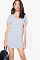 Boohoo Petite Rhianne Choker Detail T-shirt Dress Grey