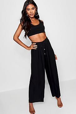 Boohoo Pleated Tie Waist Wide Leg Trouser