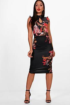 Boohoo Ash High Neck Keyhole Flroal Print Midid Dress