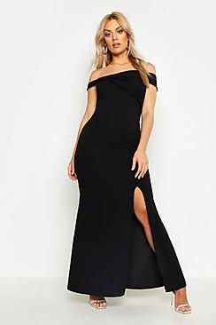 Boohoo Plus Bardot Extreme Split Maxi Dress
