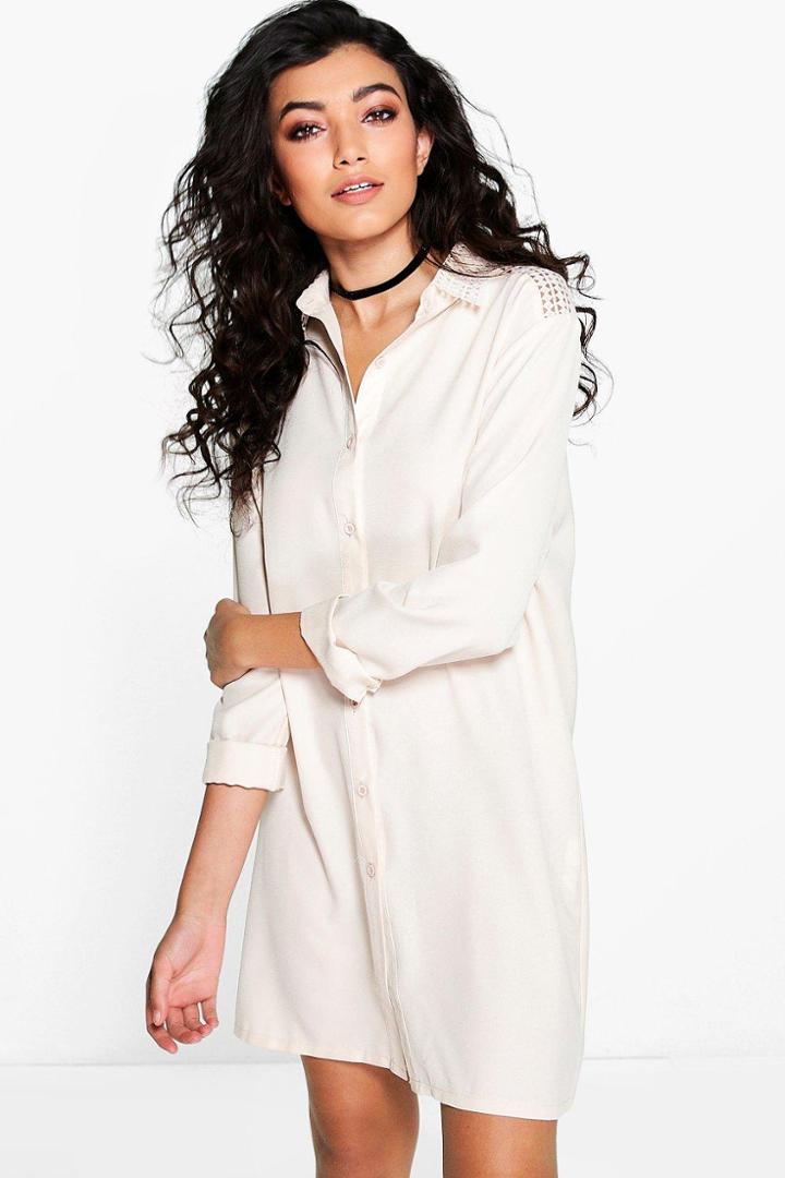 Boohoo Carolina Lace Panelled Shirt Dress Nude