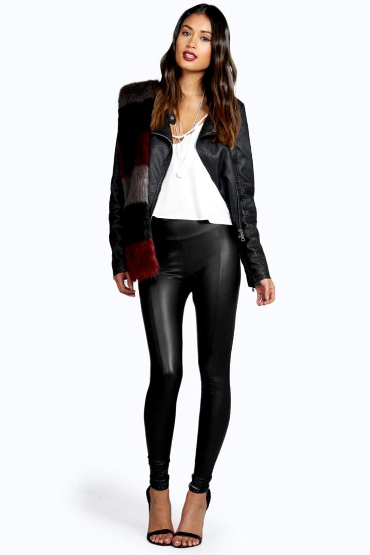 Boohoo Valentina Seamed Front Leather Look Legging Black