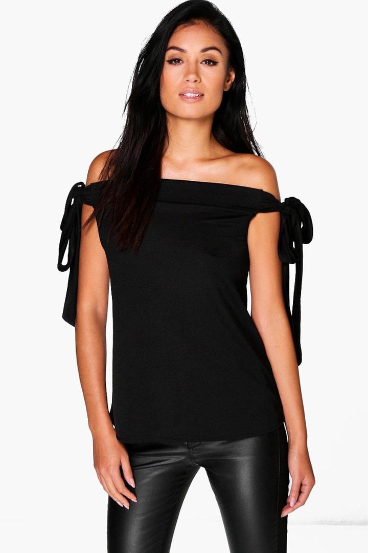 Boohoo Mila Bow Sleeve Bardot Top Black