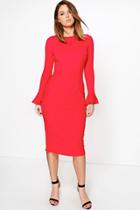 Boohoo Marielle Frill Sleeve Fitted Midi Dress Red