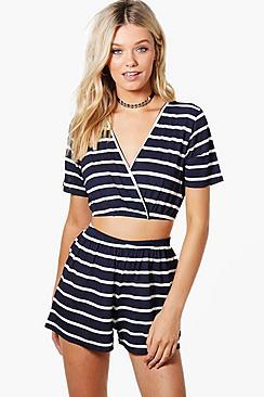 Boohoo Cindy Stripe Wrap Crop & Short Co-ord