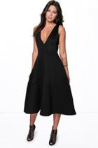 Boohoo Kate Bonded Scuba Plunge Skater Dress Black