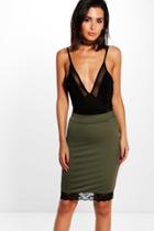 Boohoo Sahar Contrast Lace Hem Crepe Midi Skirt Khaki