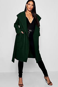 Boohoo Hooded Wool Look Belted Coat