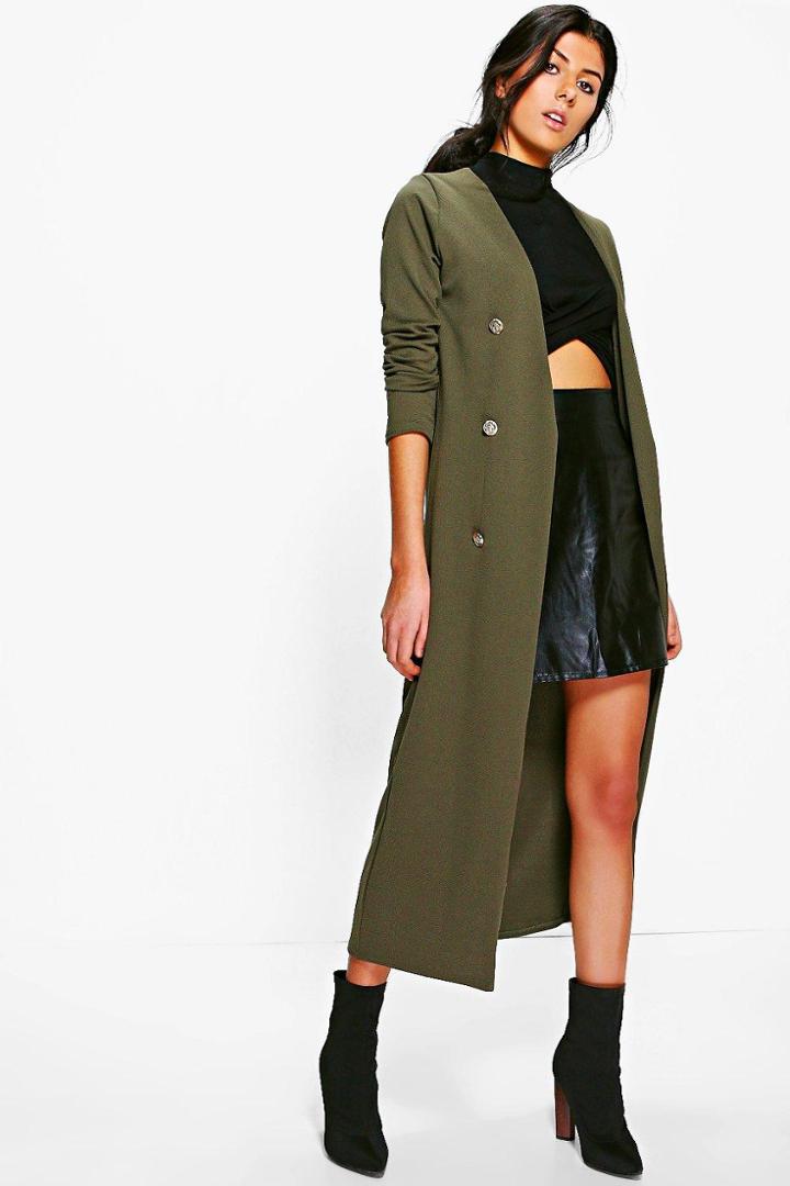 Boohoo Eva Button Front Longline Duster Jacket Khaki