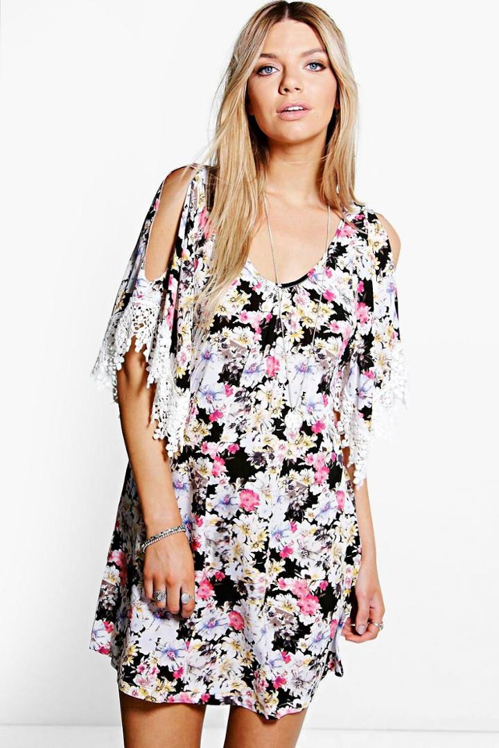 Boohoo Gaby Floral Print Crochet Sleeve Dress Black