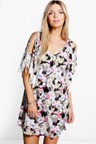 Boohoo Gaby Floral Print Crochet Sleeve Dress Black