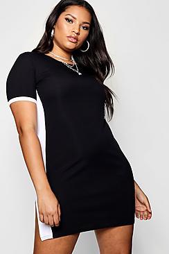 Boohoo Plus Jada Rib Contrast Stripe Split Shift Dress