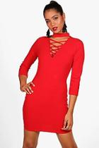 Boohoo Lace Up Front High Neck Bodycon Dress