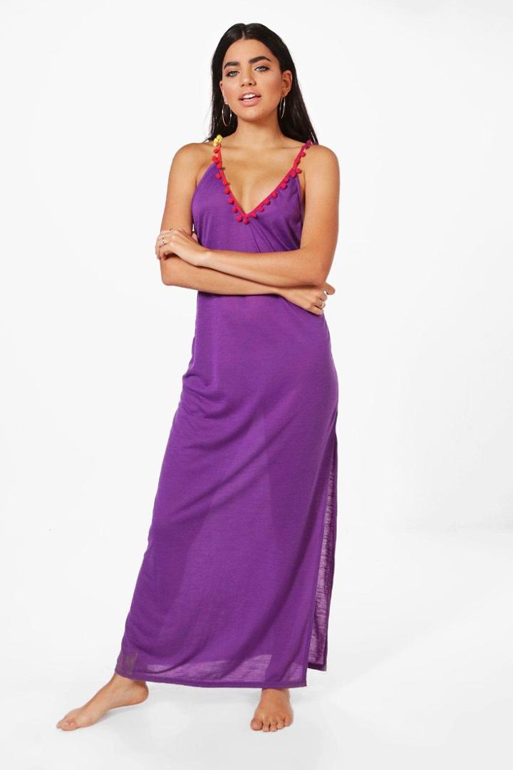 Boohoo Jasmine Pom Pom Trim Maxi Beach Dress Purple