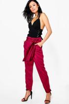 Boohoo Lillia Satin Tie Waist Slim Fit Trousers Aubergine