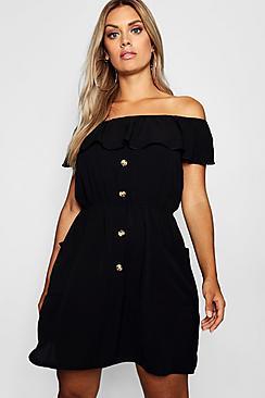 Boohoo Plus Horn Button Through Off Shoulder Dress