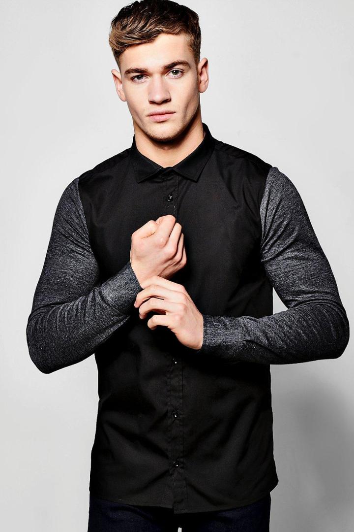 Boohoo Contrast Jersey Sleeve Shirt Black