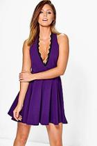 Boohoo Rita Lace Trim Skinny Tie Neck Skater Dress