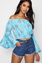 Boohoo Liz Shirring Bardot Crop Top With Flared Sleeves