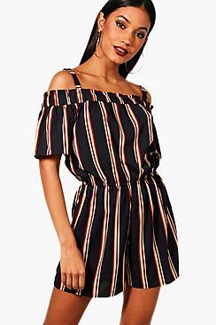 Boohoo Nina Striped Open Shoulder Playsuit