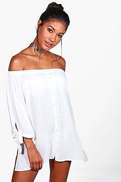Boohoo Faith Bardot Button Detail Beach Dress