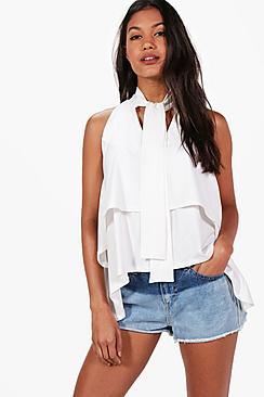 Boohoo Laurie Woven Tie Neck Top