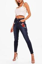 Boohoo Bethany High Rise Rose Applique Skinny Jeans