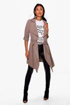 Boohoo Maisie Waterfall Belted Trench Mocha