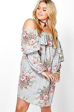 Boohoo Plus Alice Floral Open Shoulder Dress