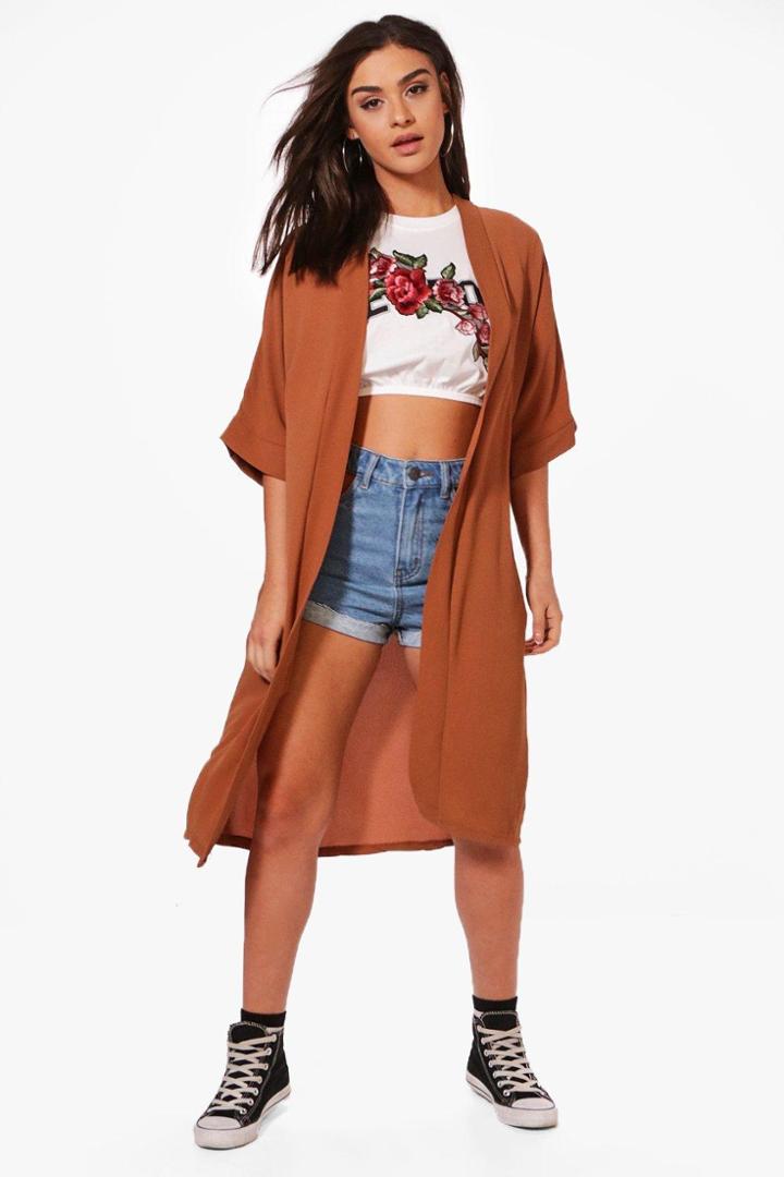 Boohoo Mara Longline Crepe Kimono Camel