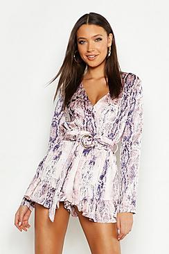 Boohoo Tall Snake Print Tortoise Shell Buckle Playsuit