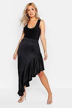 Boohoo Plus Satin Ruffle Asymmetric Midi Skirt