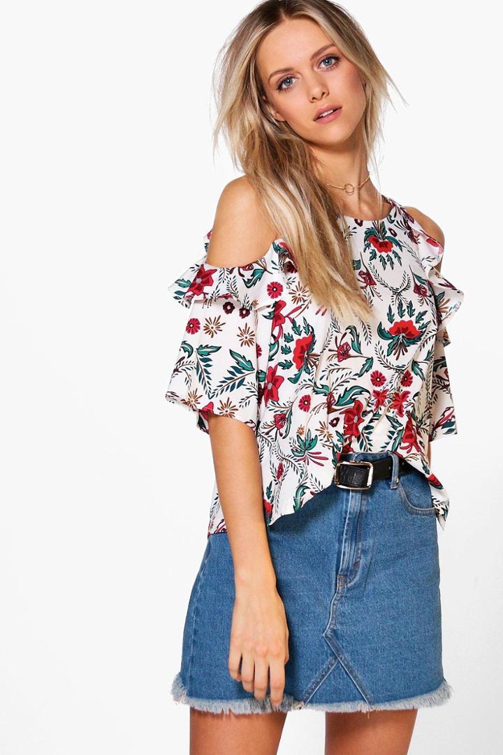 Boohoo Naomi Printed Cold Shoulder Top White