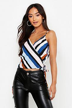 Boohoo Petite Stripe Printed Wrap Front Cami Top