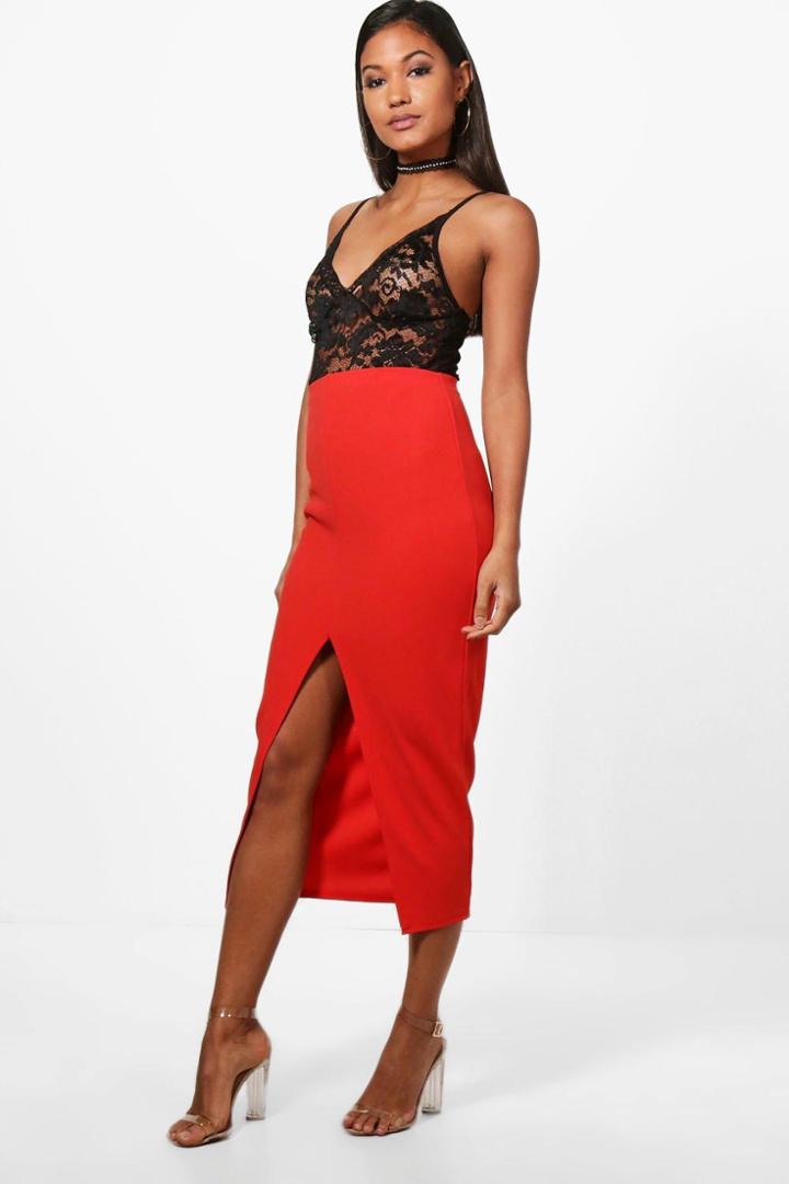 Boohoo Natalya Scuba Split Front Midi Skirt Poppy