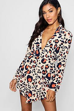 Boohoo Bright Leopard Point Hem Shirt Dress