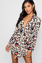 Boohoo Bright Leopard Point Hem Shirt Dress