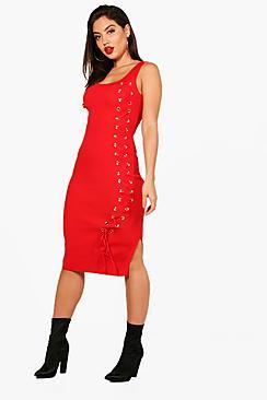 Boohoo Layla Knitted Midi Lace Up Front Detail Dress