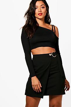 Boohoo Wrap Front Woven O Ring Mini Skirt