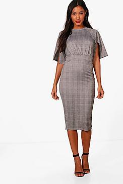 Boohoo Emilie Check Split Sleeve Wiggle Midi Dress