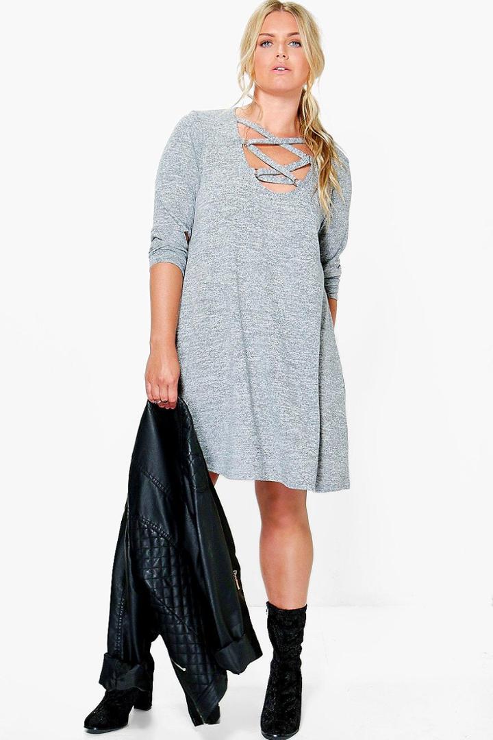 Boohoo Plus Georgia Lace Up Cold Shoulder Swing Dress Grey
