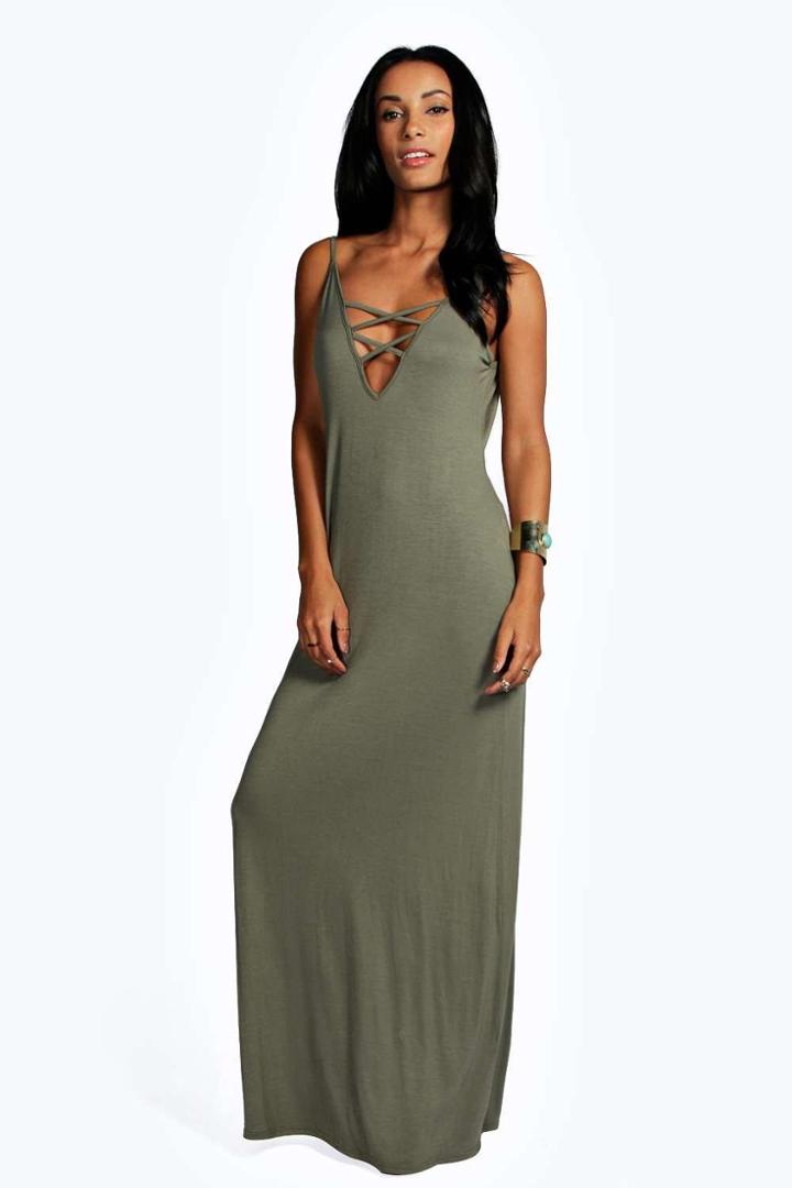 Boohoo Kimberley Lace Up Maxi Dress Khaki